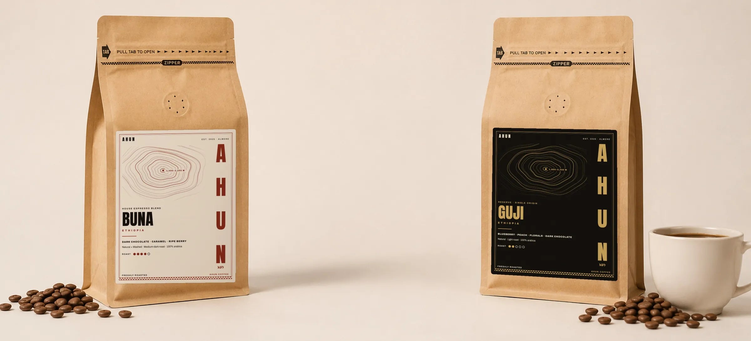 AHUN coffee bags in a row: Limu, Sidama, Buna Espresso Blend, Yirgacheffe and Guji Reserve